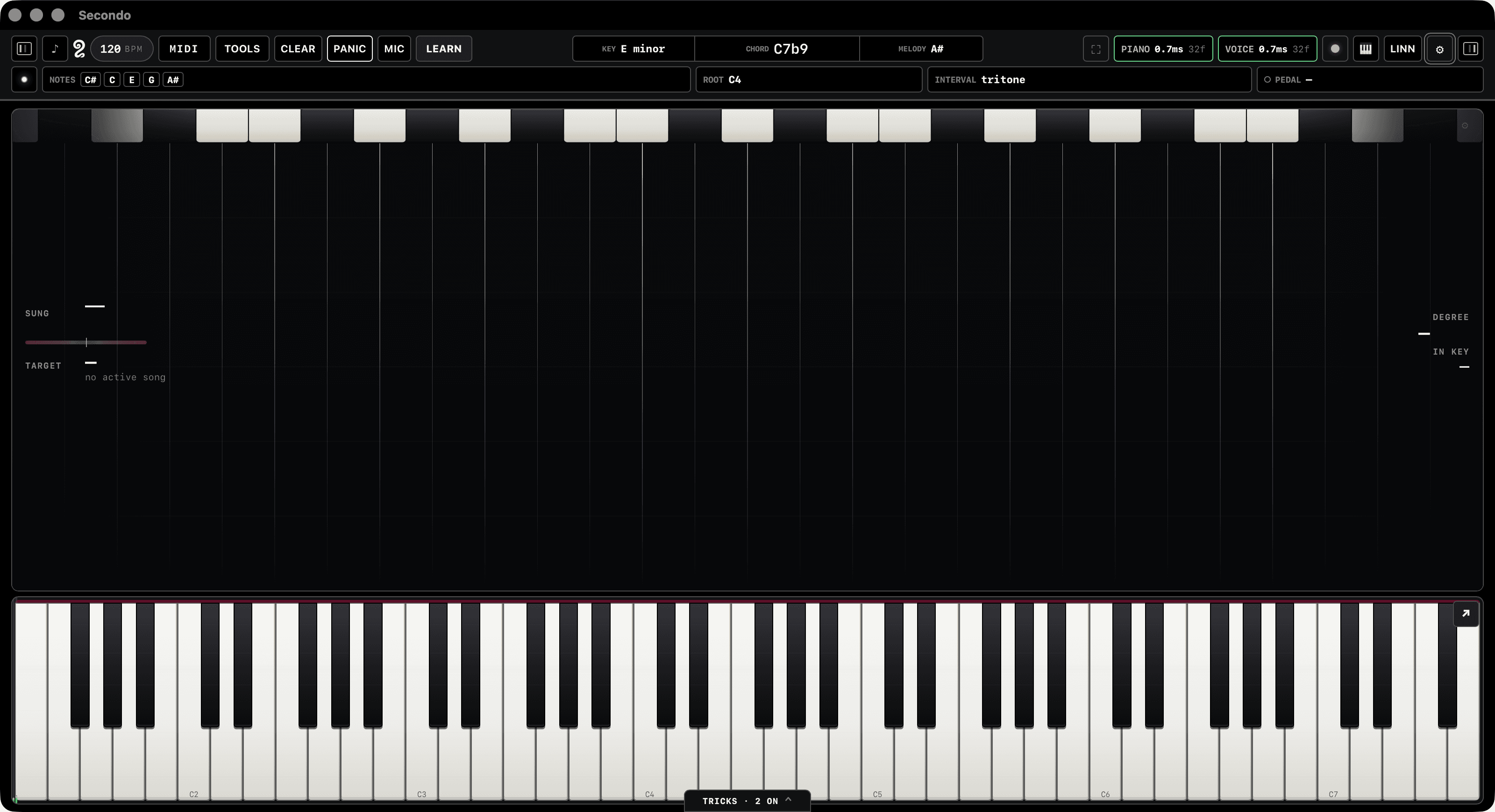 The Secondo window on macOS. The top bar reads 120 BPM with MIDI, Tools, Clear, Panic, Mic and Learn controls, live KEY, CHORD and MELODY readouts, and two latency pills at 0.7 ms. The vocal panel fills the middle of the window and the full 76-key live keyboard runs along the bottom edge, with a trick bar reading TRICKS · 2 ON.