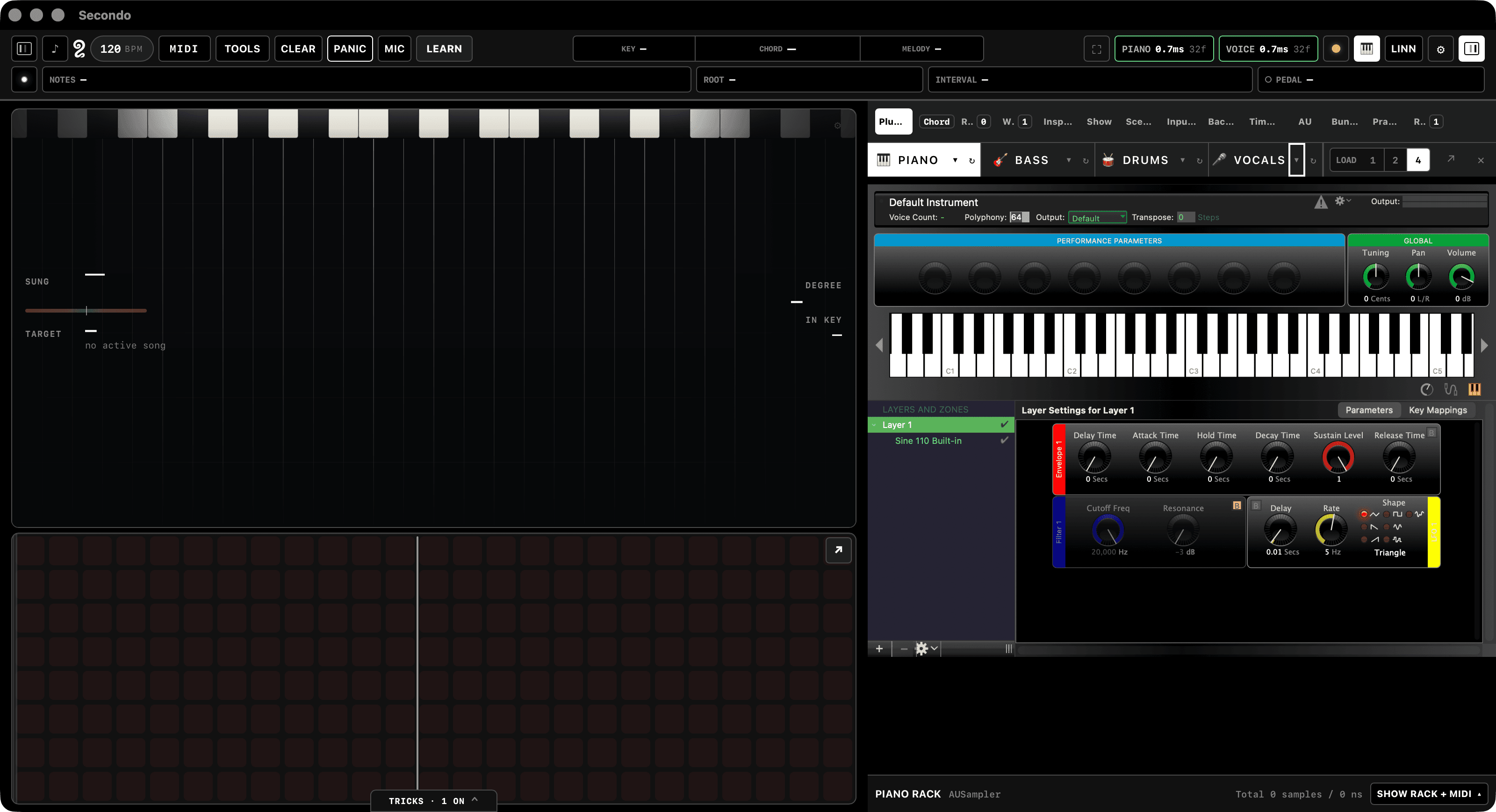 Secondo running on macOS: a dark window whose top bar shows tempo, MIDI and Tools menus, a panic control, live key, chord and melody readouts, and two buffer-latency pills reading 0.7 ms at 32 frames. The right half hosts an Audio Unit's own editor — an AUSampler with its keyboard, envelope and filter controls — inside the app, with Piano, Bass, Drums and Vocals role tabs above it.
